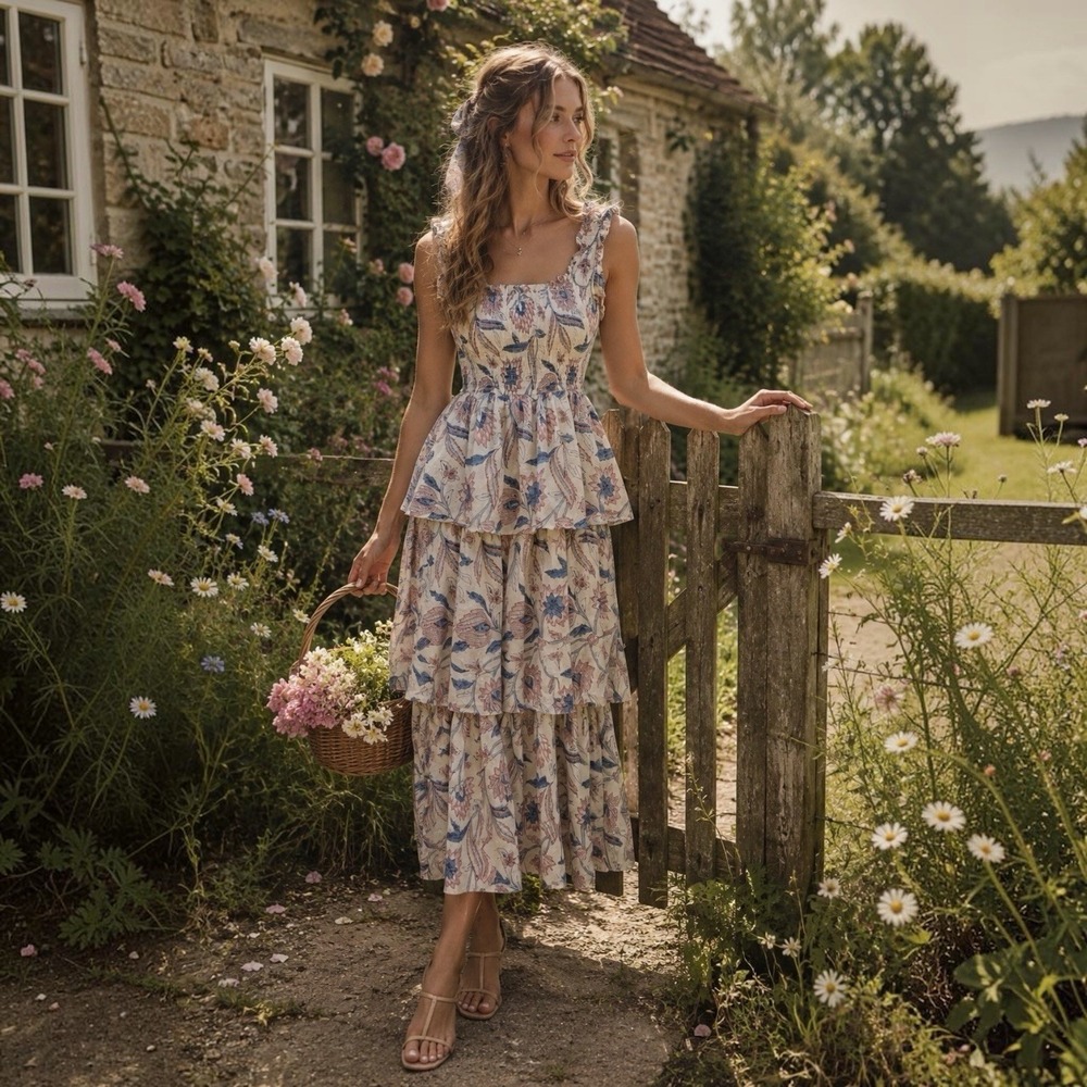 Alix of Bohemia Erin Blue Valentine Smocked Cotton Midi Dress S